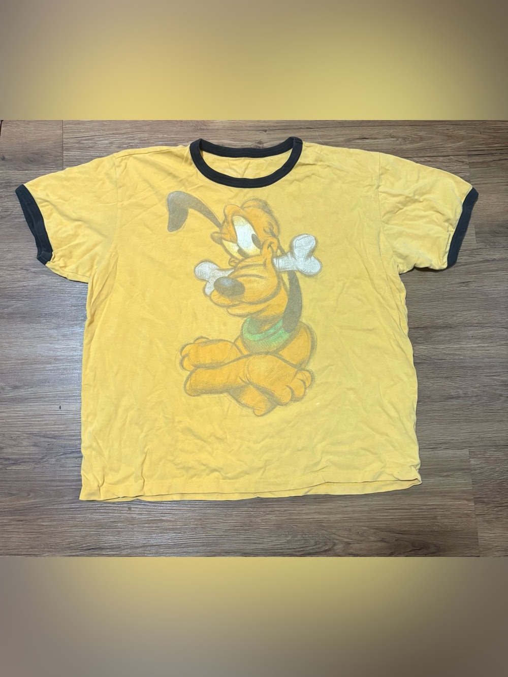 Disney Pluto Ringer T Shirt Yellow Graphic Tee Adult XL Vintage Style 2XL Fit
